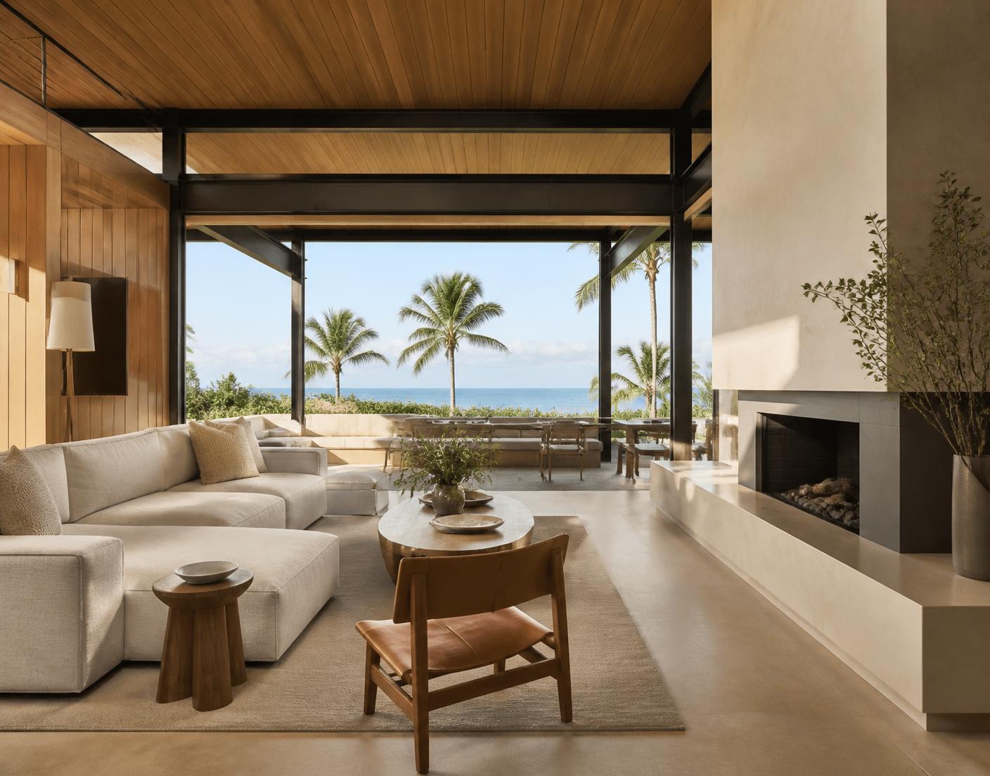 Warm contemporary home interior with an ocean view